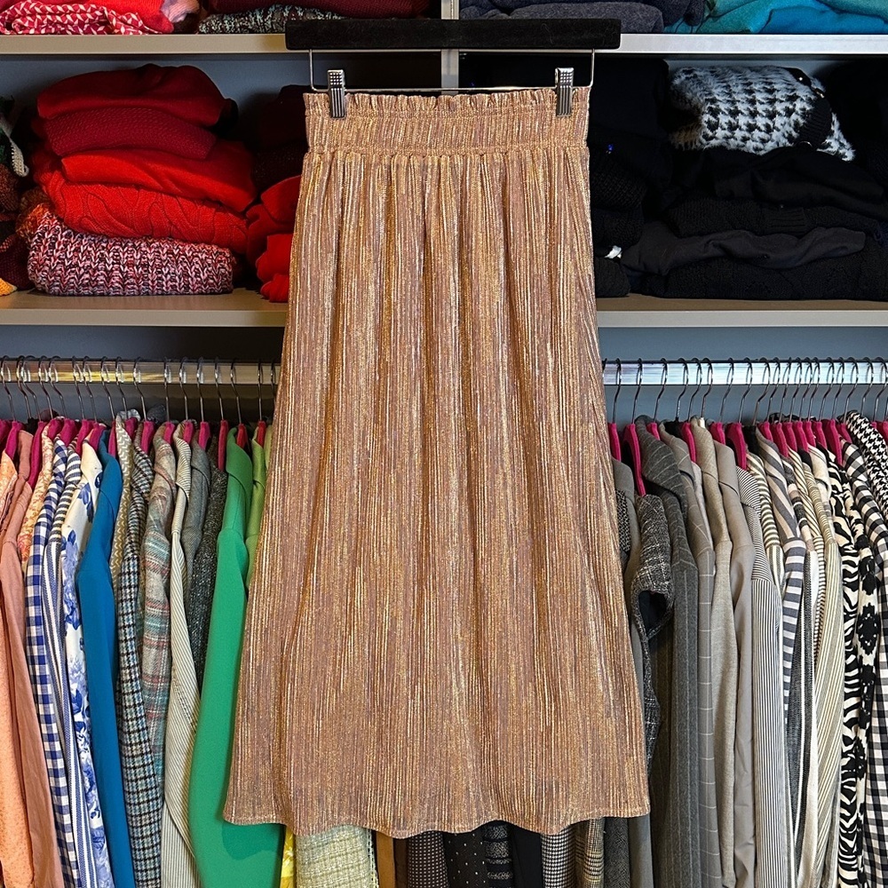 Love Riche dusty pink/metallic threads elastic waistband midi skirt size S NWT